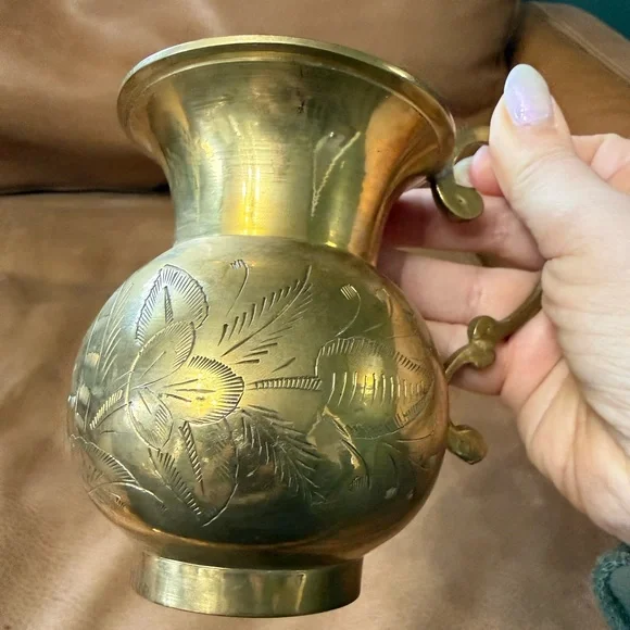 Vintage Etched Solid Brass Pitcher 5” Tall Floral Pattern - Picture 2 of 7